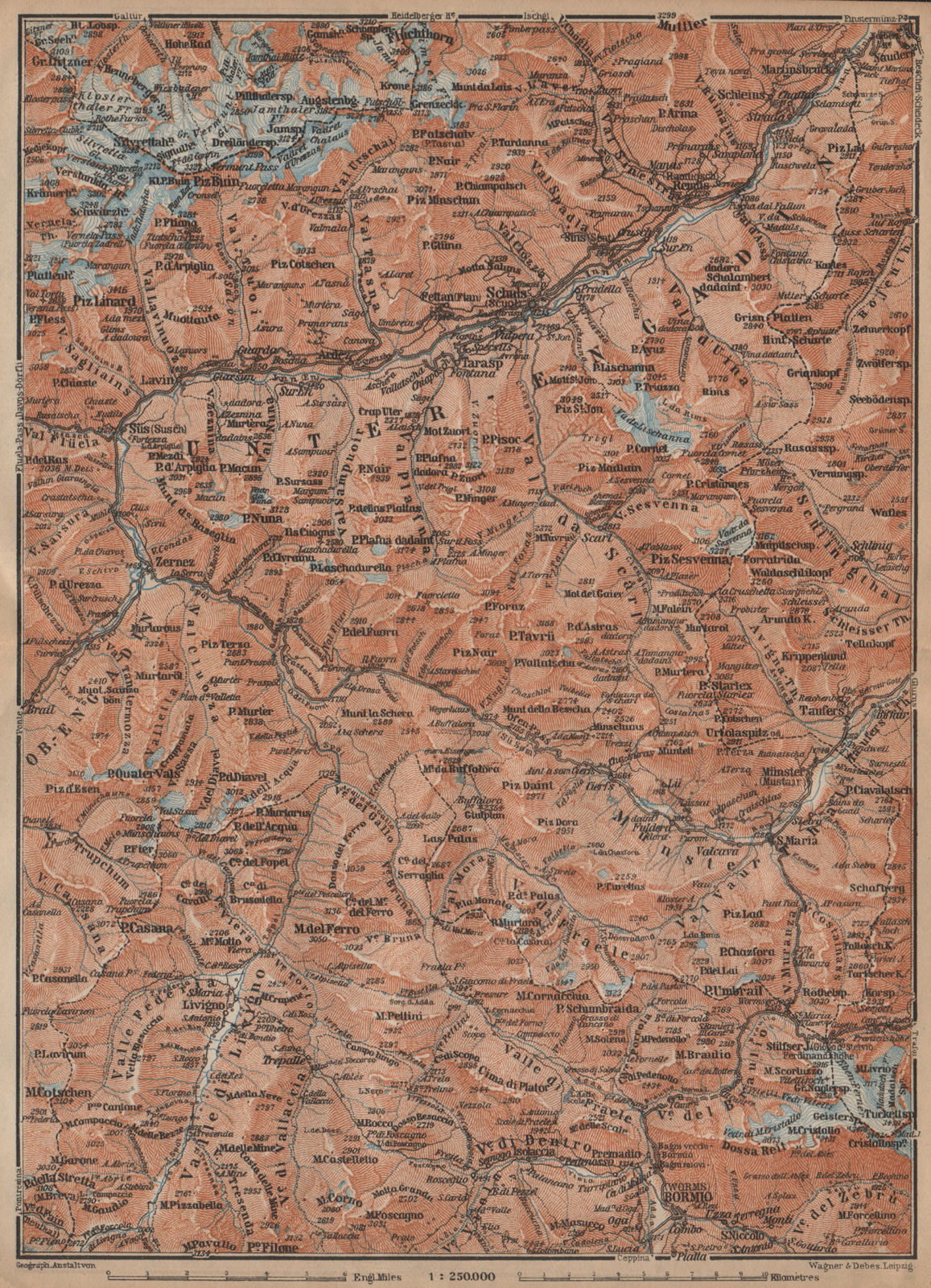 LOWER ENGADINE. Livigno Bormio Ftan Scuol Silvretta Range Piz Buin 1907 map